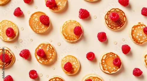 Pancakes with raspberries on pastel cream background, top view. Pattern with pancakes and fresh raspberries, minimal flat lay style.