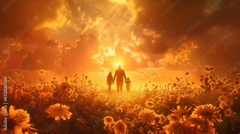 Family Silhouette at Sunset in a Field of Flowers Family Silhouette at Sunset in a Field of Flowers