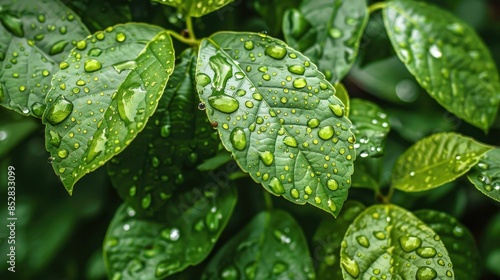 Rain droplets on vibrant green leaves Natures refreshing embrace photo