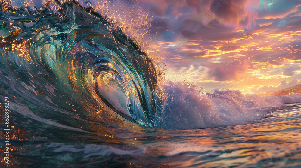Naklejka premium Dramatic Ocean Wave at Sunset