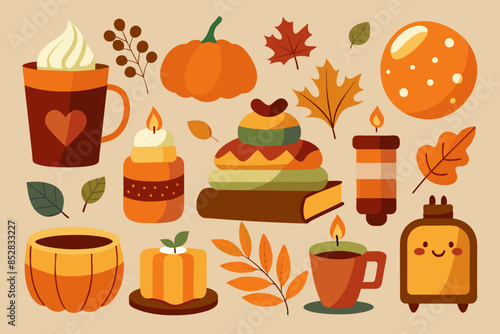 Autumn icons pumpkins, leaves, candles, books, coffee cups