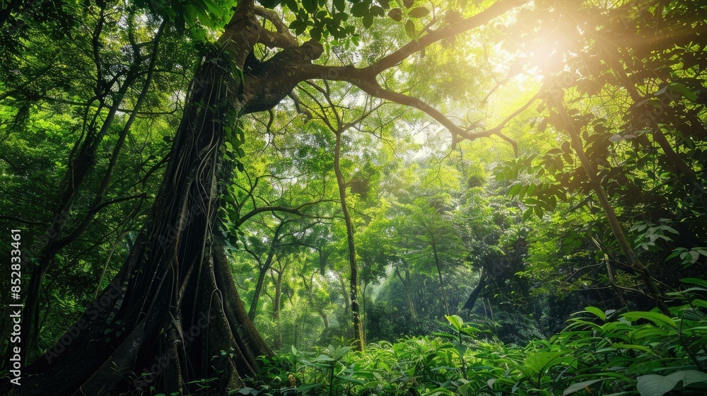 Fototapeta premium Serene Asian Forest Towering Trees and Lush Greenery