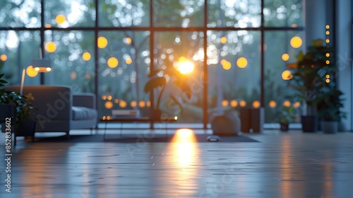 The open space office is empty and dim. Abstract light effect on office interior background for design