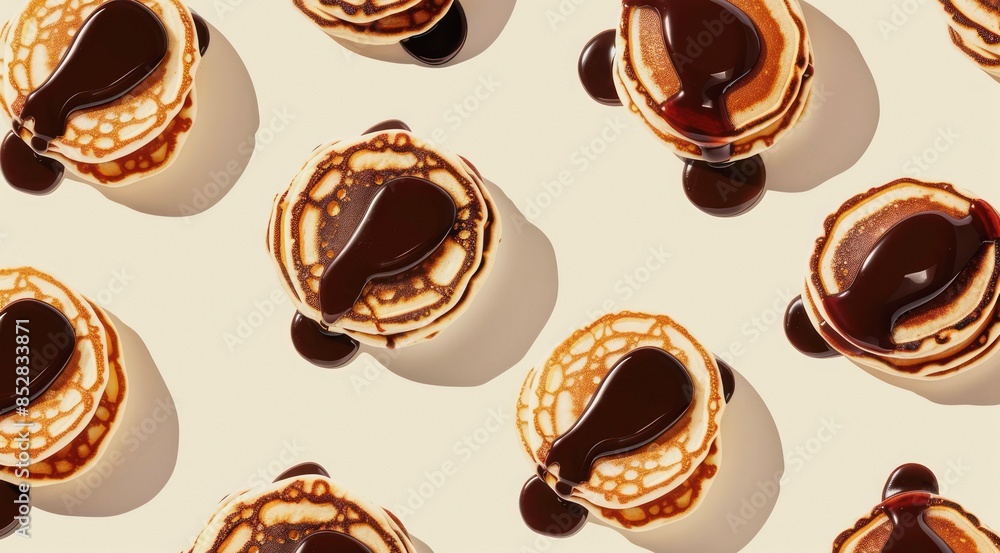 Set of pancakes with chocolate topping on pastel cream background, top view, minimal flat lay style. Set of pancakes with chocolate topping on pastel cream background, top view, minimal flat lay style.