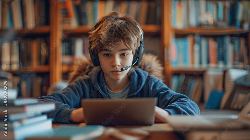 Young student learning from home, focused on an online class with books and a laptop Young student learning from home, focused on an online class with books and a laptop