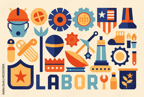 A set of labor day icons in a flat style featuring various symbols and designs