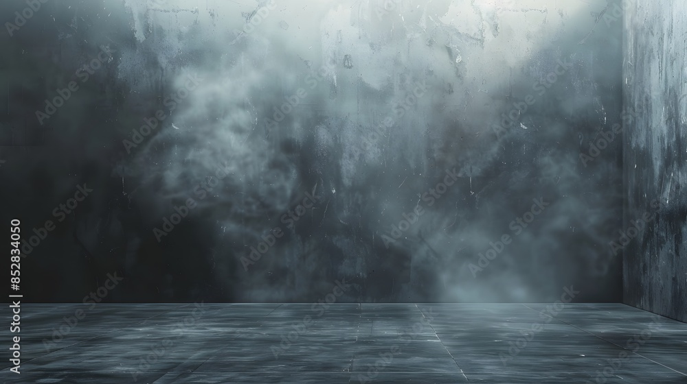 A large blank wall with concrete walls and fog in the background, rendered as an empty black box for showcasing artwork or video content.