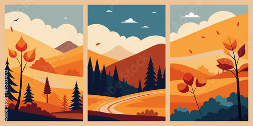 Three autumn landscapes with mountains, trees, and a road