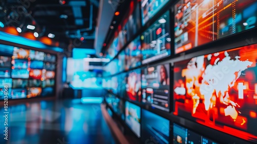 High-Tech Newsroom Design with Blurred Background and Indistinct Graphics: Contemporary Television and Visual Media Display