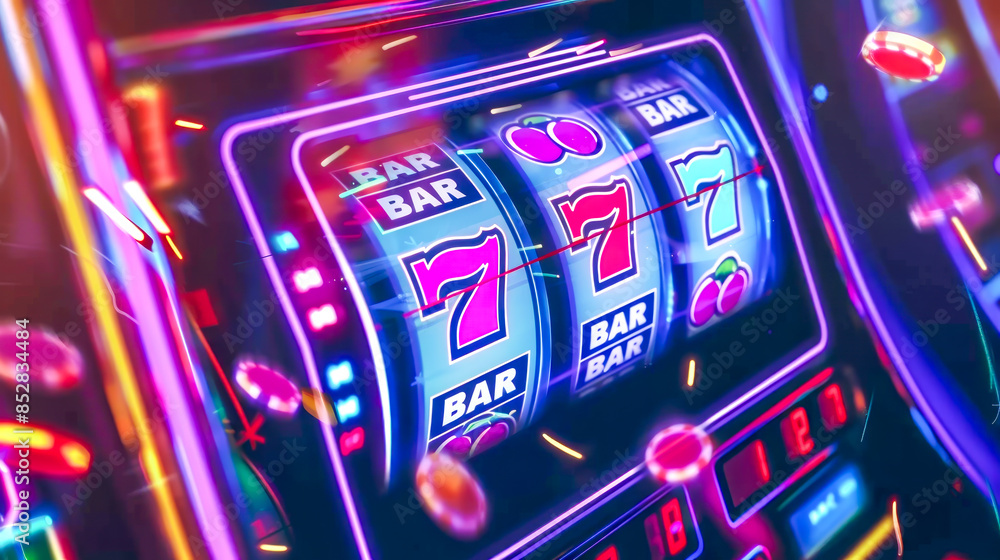 Slot machine with triple sevens on display, surrounded by neon lights in lively casino atmosphere. Capturing thrill and excitement of hitting jackpot. Concept of gambling, luck, and casino gaming Slot machine with triple sevens on display, surrounded by neon lights in lively casino atmosphere. Capturing thrill and excitement of hitting jackpot. Concept of gambling, luck, and casino gaming