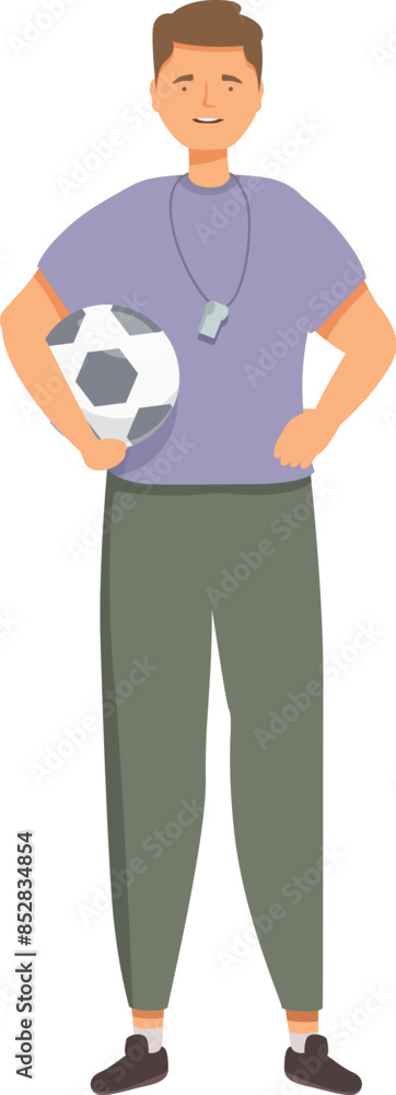Smiling soccer coach holding ball is ready for training session Smiling soccer coach holding ball is ready for training session
