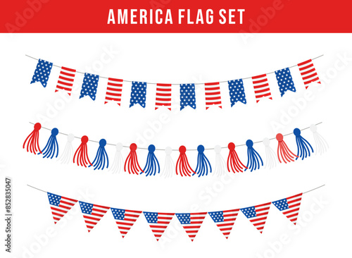 Collection of festive holiday bunting with the United States flag ornament. Isolated clipart elements. American decorations.
