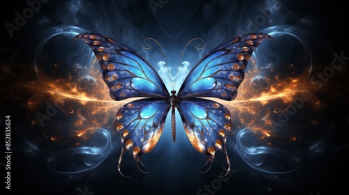 Abstract blue butterfly with glowing wings and a fiery background. photo