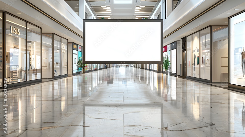 A mockup of an empty digital billboard in the middle of a mall, featuring white space for advertising copy and surrounded by busy storefronts with glass windows. A mockup of an empty digital billboard in the middle of a mall, featuring white space for advertising copy and surrounded by busy storefronts with glass windows.