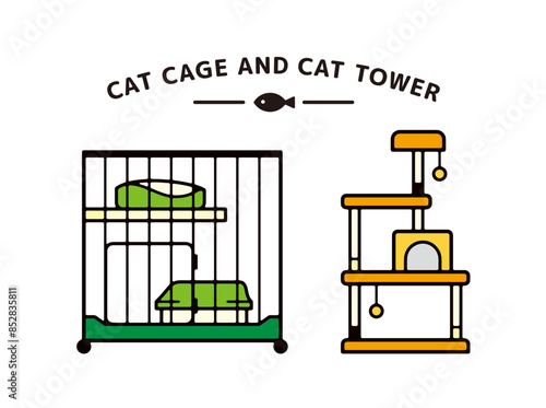 猫用ケージとキャットタワーのかわいいイラスト素材セット