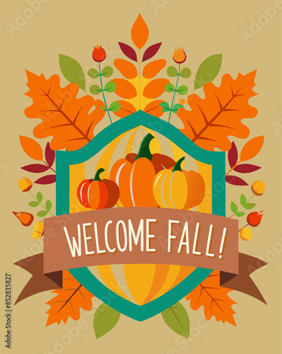 A festive autumn display featuring pumpkins, leaves, and a ribbon