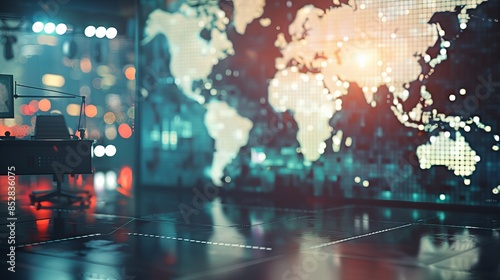 Defocused TV Studio with Digital World Map: Professional Equipment and Technology for Journalistic Editing and Communication