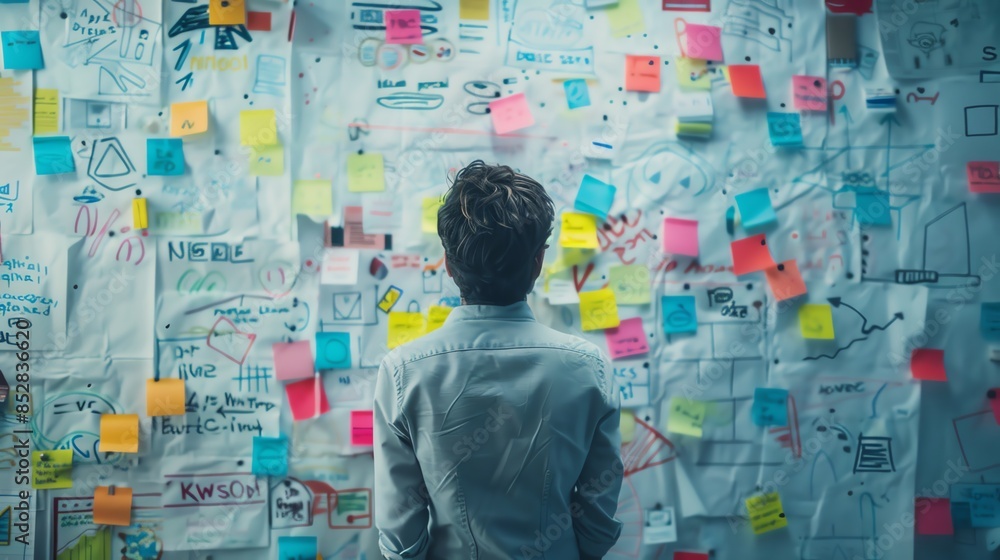 A person standing in front of a wall covered with sticky notes and papers, representing brainstorming, planning, and creative thinking. A person standing in front of a wall covered with sticky notes and papers, representing brainstorming, planning, and creative thinking.