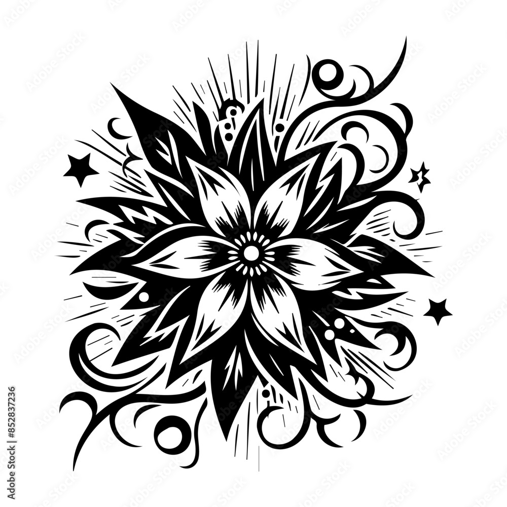 Black isolated flower silhouette with flourishes. Vector black flower in vintage style on white background. Floral tattoo vector design. Floral flourish design. Feminine tattoo template Black isolated flower silhouette with flourishes. Vector black flower in vintage style on white background. Floral tattoo vector design. Floral flourish design. Feminine tattoo template