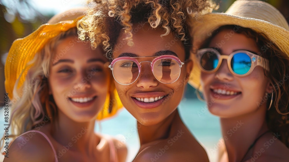 Three women wearing sunglasses and hats are smiling for the camera Three women wearing sunglasses and hats are smiling for the camera