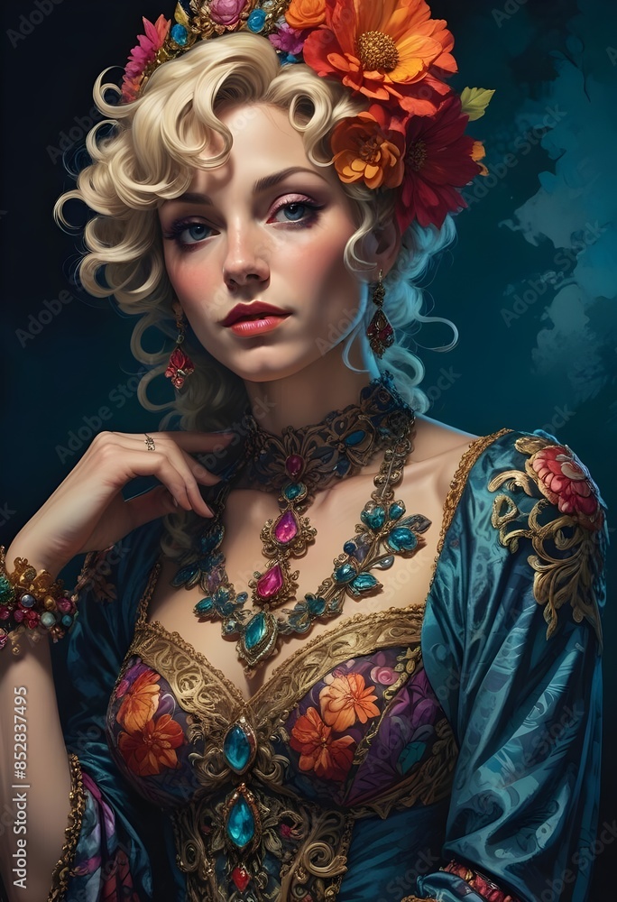 Fototapeta premium portrait of a beautiful blonde woman with flowers and jewellery in the style of a gypsie tarrot psychic..