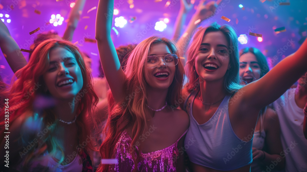 group of friends dancing in night club , Crowd raising their hands group of friends dancing in night club , Crowd raising their hands