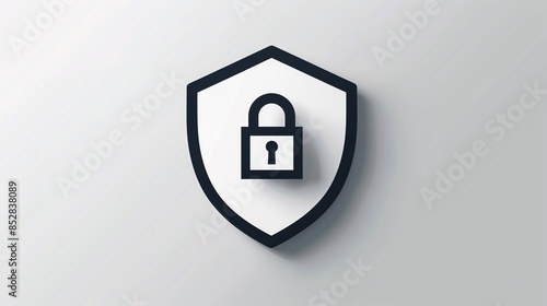 Shield with lock icon symbolizing security and protection on a minimalist white background. Perfect for cybersecurity, data protection themes.