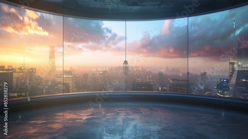 Modern Urban Newsroom Studio with Panoramic Cityscape Views through Glass Windows - Sleek, Elegant, and Professional Interior Design