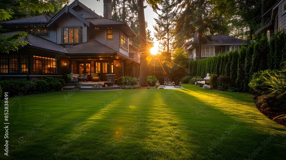 The front yard of an upscale home in Canada, with perfectly manicured green grass and beautiful landscaping. There is also some furniture out on the lawn for relaxation or socializing. The front yard of an upscale home in Canada, with perfectly manicured green grass and beautiful landscaping. There is also some furniture out on the lawn for relaxation or socializing.