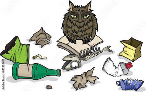 Feathered owl sitting on book surrounded by trash