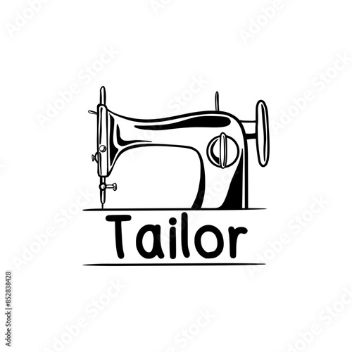 Black sewing machine drawing logo for tailor shop, garment factory, fashion clothing related.
