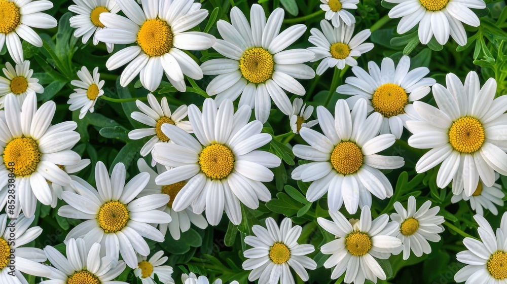 The photo shows a large group of white daisies with yellow flowers in the center, symbolizing love and peace. The photo shows a large group of white daisies with yellow flowers in the center, symbolizing love and peace.