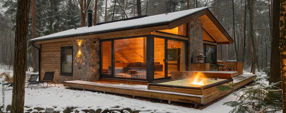 Scandinavian cabin with a sauna and hot tub. Scandinavian cabin with a sauna and hot tub.