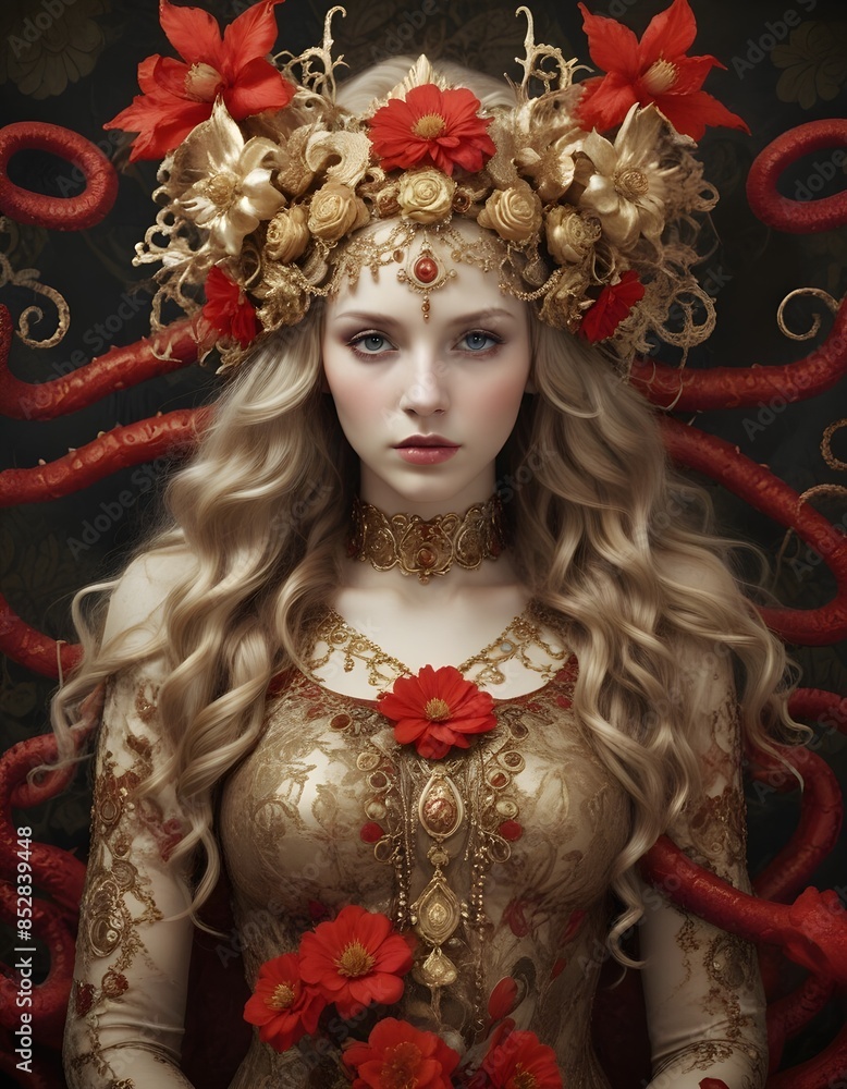 Fototapeta premium Beautiful blonde woman in flowers wearing venetian carnival outfit..