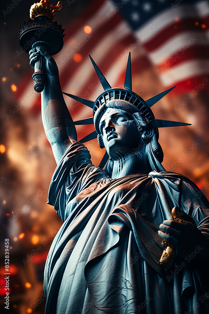 Obraz premium Portrait of the Statue of Liberty against the American flag backdrop for Independence Day.