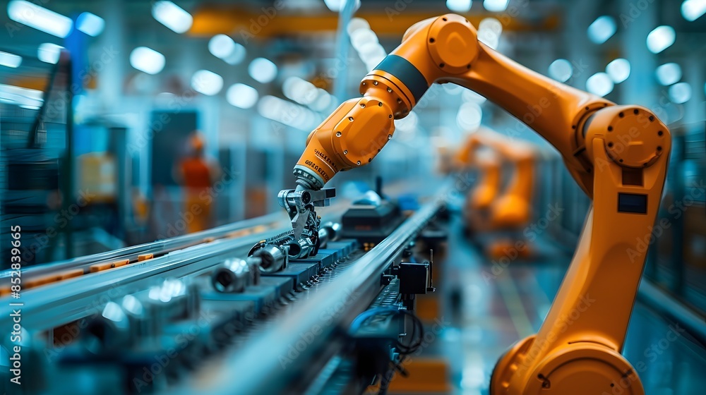 Aan industrial robot arm in an electric vehicle production line, picking parts from the conveyor belt. The photograph was taken with a telephoto lens in natural lighting. Aan industrial robot arm in an electric vehicle production line, picking parts from the conveyor belt. The photograph was taken with a telephoto lens in natural lighting.