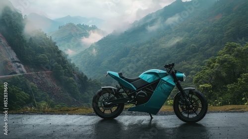 A turquoise colored motorcycle parked on the side of a mountain road in green mountains with lush vegetation, shot from a front angle.