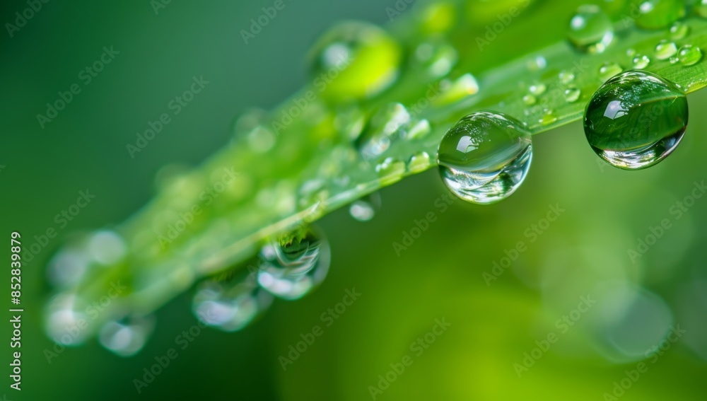 Closeup macro of water droplets on the edge of an emerald green leaf, with a blurred background of lush foliage and bokeh lights. The focus is sharp against a dark backdrop Closeup macro of water droplets on the edge of an emerald green leaf, with a blurred background of lush foliage and bokeh lights. The focus is sharp against a dark backdrop