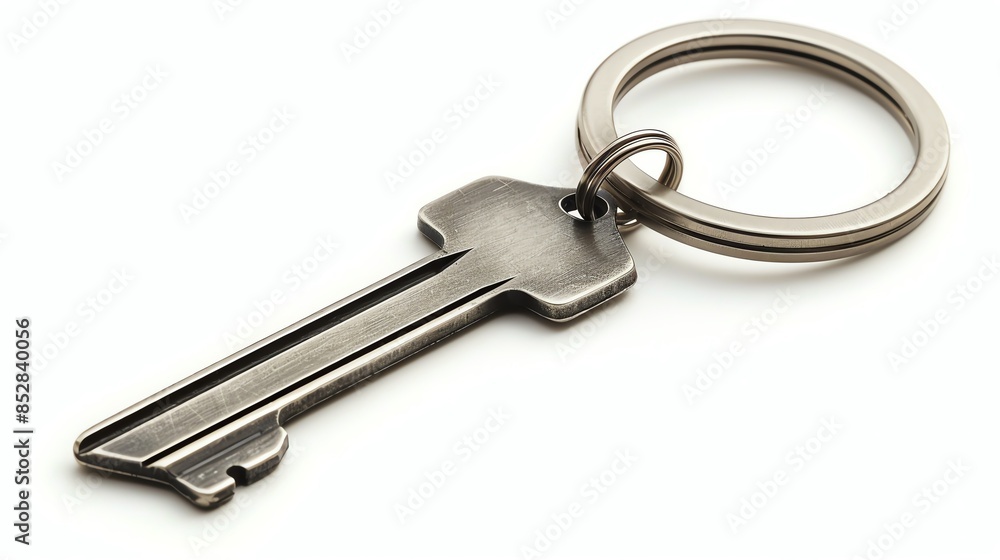 Close-up of a metallic key attached to a keyring, isolated on white background, symbolizing security and access. Close-up of a metallic key attached to a keyring, isolated on white background, symbolizing security and access.