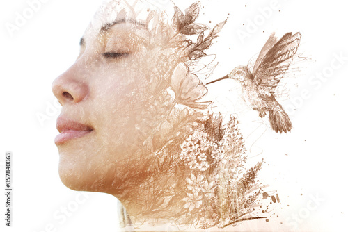 A humming bird paintography portrait of a woman with eyes closed