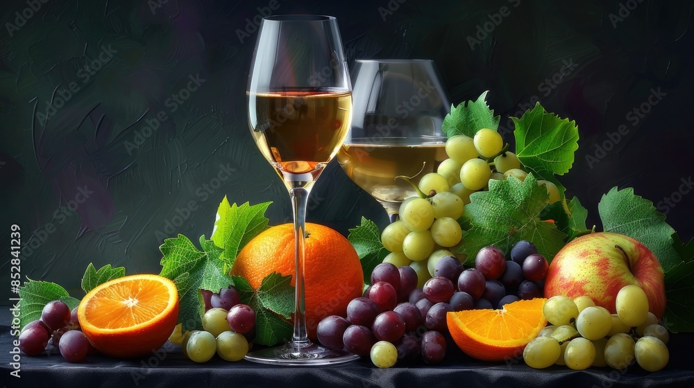 Fruit still life with a glass of wine on a dark background, with grapes, oranges and apples, green leaves and a cut orange. Fruit still life with a glass of wine on a dark background, with grapes, oranges and apples, green leaves and a cut orange.