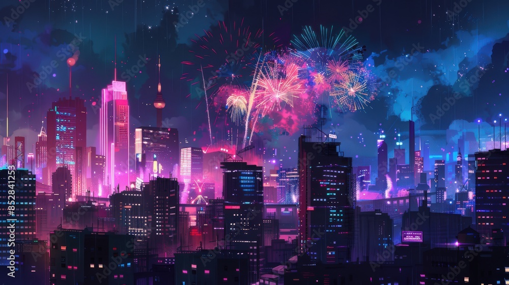 Vibrant 4th of July fireworks display over a city skyline Vibrant 4th of July fireworks display over a city skyline