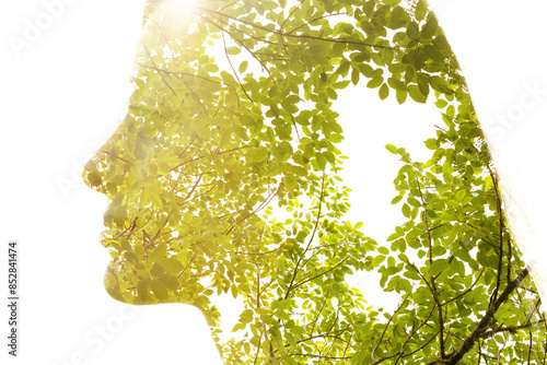 A radiant double exposure profile portrait silhouette of a woman