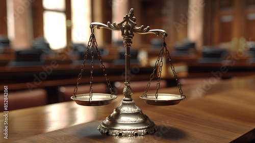 The floating golden scales of justice on the judge's table, courtroom background, law and justice concept, close-up view. Techniques for taking sharp, realistic photos photo