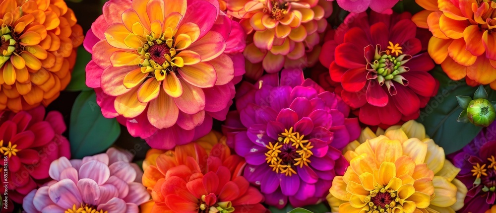 Close-up showcases vibrant zinnia and dahlia flowers in full bloom, a symphony color and texture Close-up showcases vibrant zinnia and dahlia flowers in full bloom, a symphony color and texture