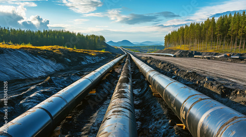 Large industrial pipes laid in a trench for an oil or gas pipeline project, surrounded by a forested landscape under a clear sky.