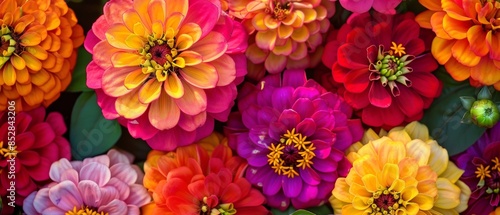 Close-up showcases vibrant zinnia and dahlia flowers in full bloom, a symphony color and texture