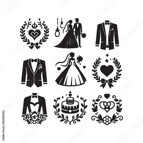 Fotografie bride & groom, unique floral half moon love  black vector silhouette bride groom