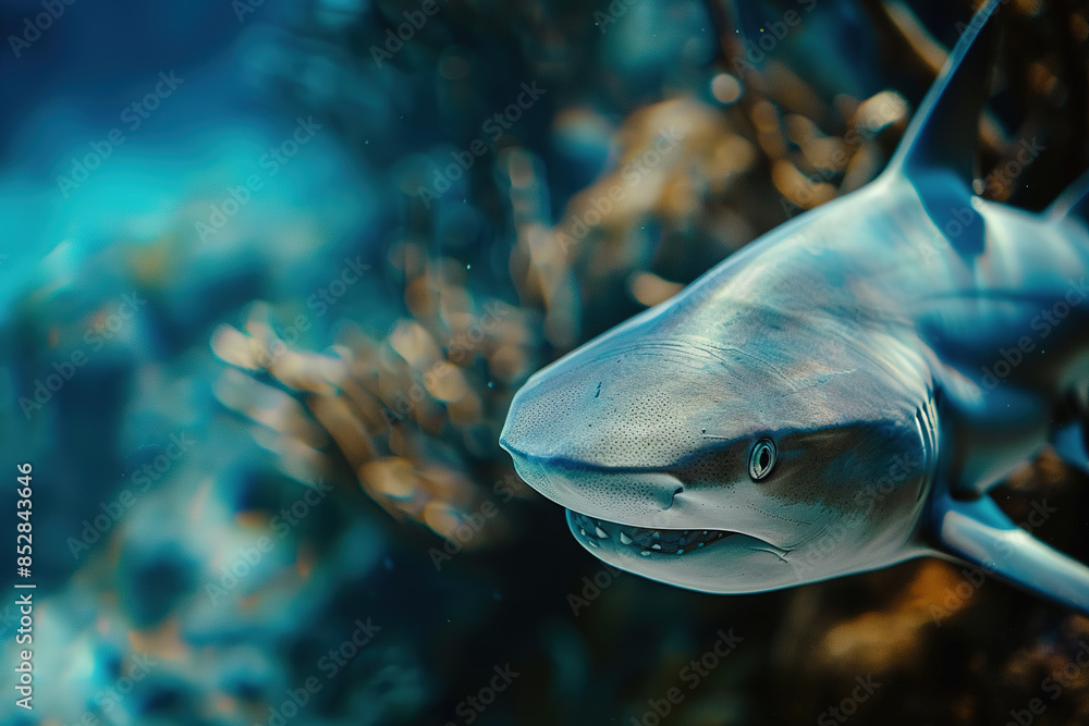 Naklejka premium Close-up of a shark underwater, its sharp teeth and eye visible. Undersea animals.