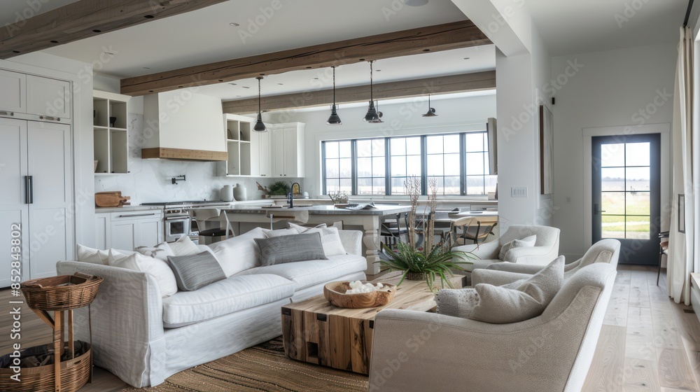 Modern interior of open space with design modular sofa, furniture, wooden coffee tables, plaid, pillows, tropical plants and elegant personal accessories in stylish home decor. Neutral living room. Modern interior of open space with design modular sofa, furniture, wooden coffee tables, plaid, pillows, tropical plants and elegant personal accessories in stylish home decor. Neutral living room.